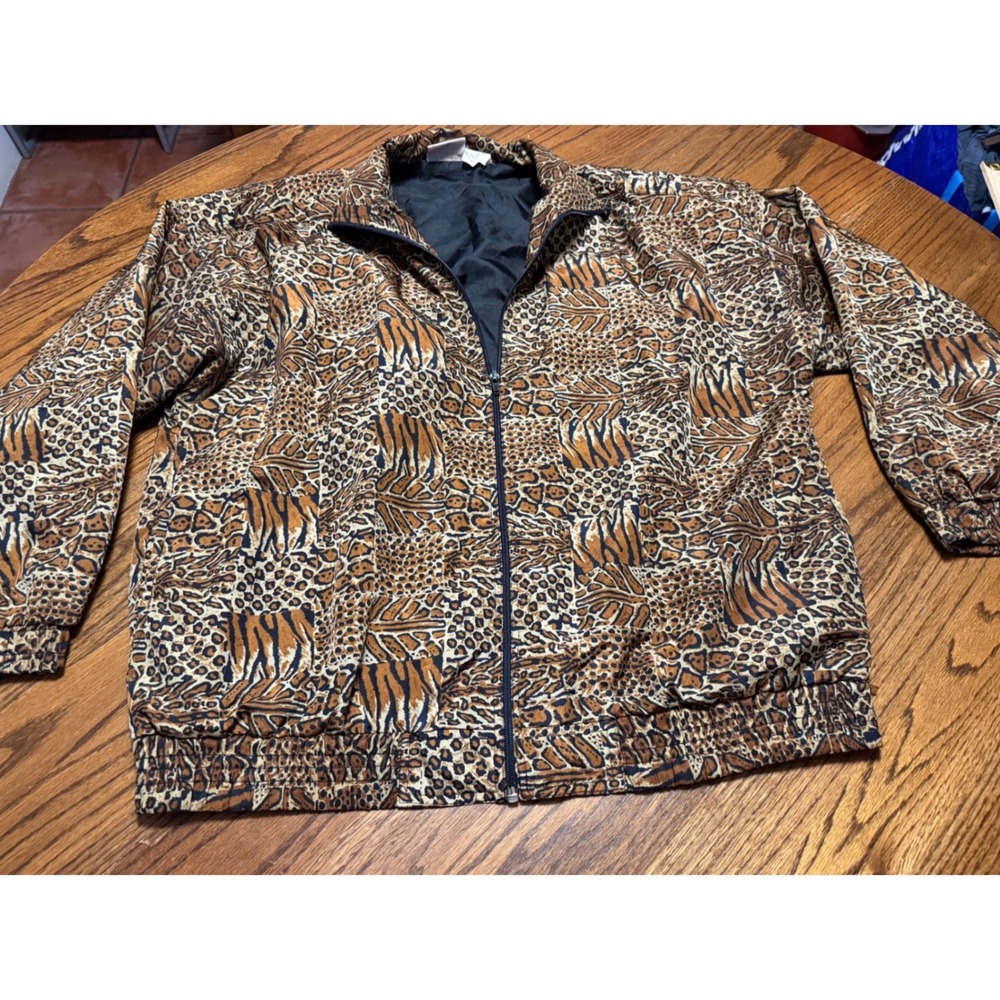 Kaktus Vintage Animal Print Windbreaker Jacket Leopard Tiger Patchwork Brown Med